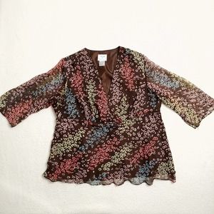 Women Plus Size Silk Top Size 1X Brown Multi Cherry Floral Sheer Boho Fairycore
